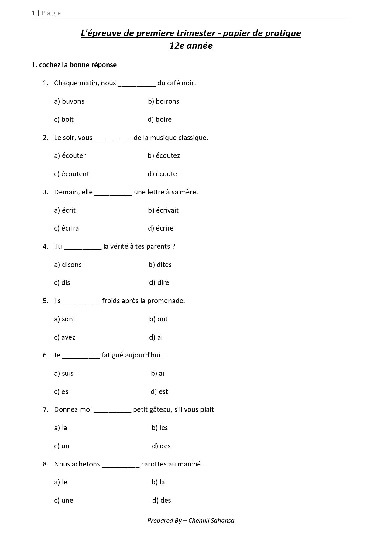 French - Grade 12 First Term Test Practice Paper